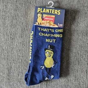 Planters Mr Peanut Crew Socks Blue Thats One Charming Nut Novelty Mens 7-12 NEW